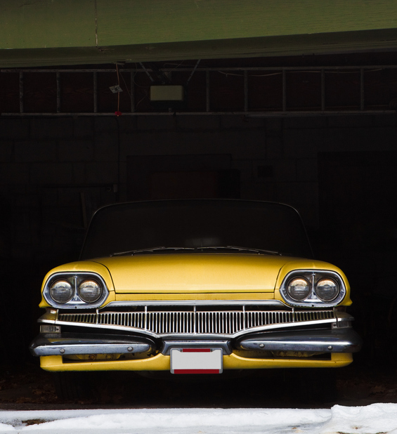 Vintage car in garage for winter